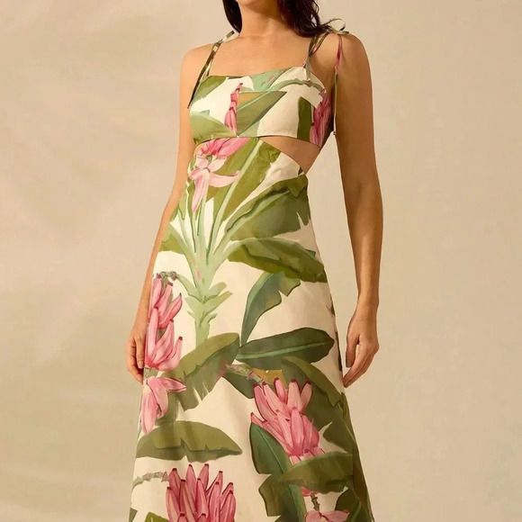 Multicolor Boho Women's Banana Tree Print Sleeveless Spaghetti Strap Dress - Picture 2 of 7